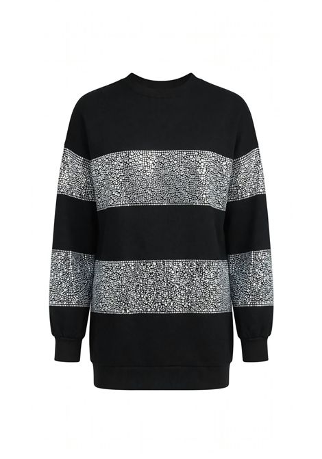 Felpa Girocollo Oversize Nera con Bande di Strass Argento TWENTY FOURHAITCH | A0307NERO